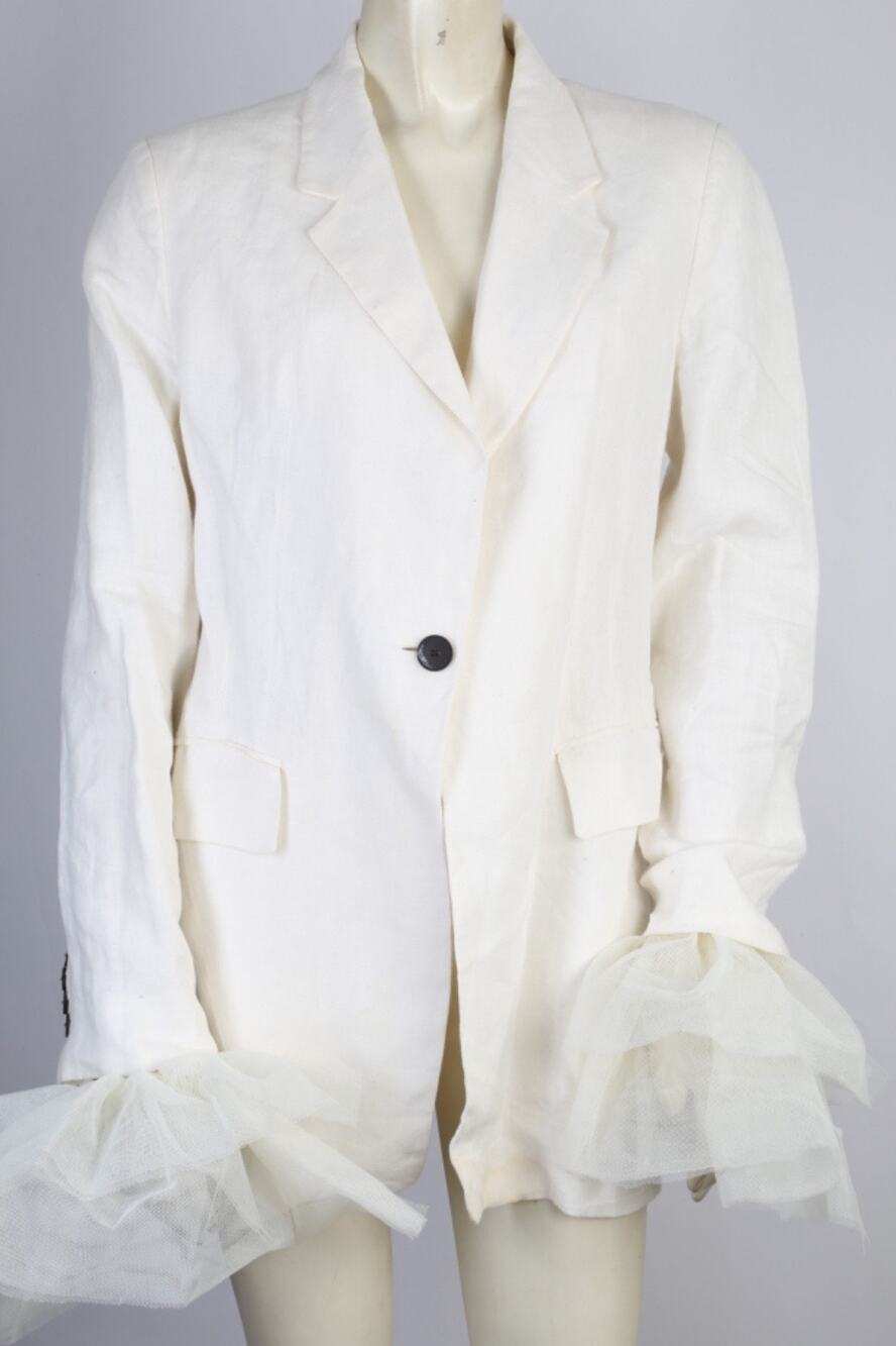 Massimo Dutti Blazer Size 8 Ivory Linen Tulle Tiered Ruffle Cuff Jacket Avant 40